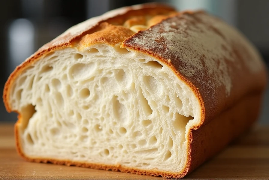 Freshly baked sourdough sandwich Bread Recipeloaf, sliced with a soft crumb and golden crust on a wooden cutting board.