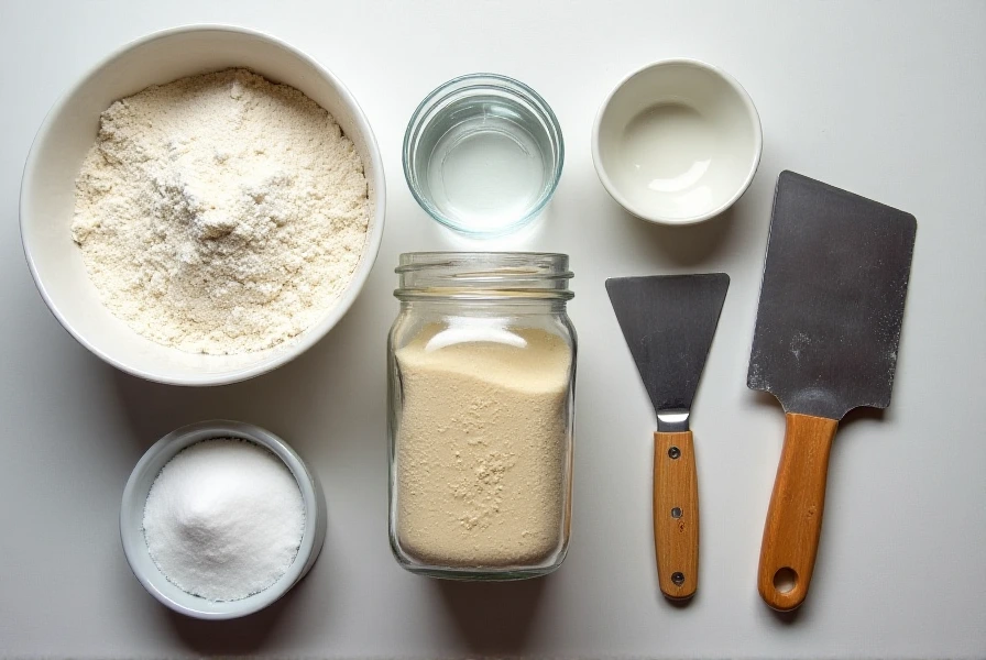 Flat-lay image of sourdough bread ingredients and tools including starter, flour, water, and mixing tools.