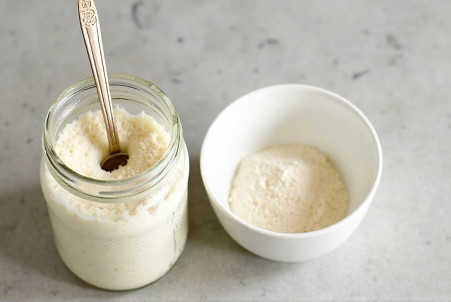 Bubbly sourdough starter next to a bowl of flour and water, illustrating the feeding process.