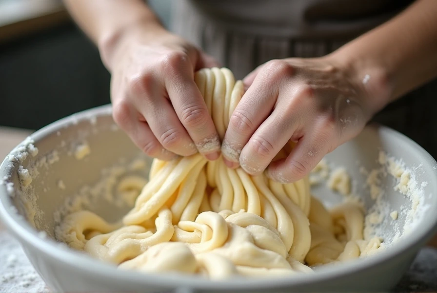 A baker’s hands stretching and folding sticky, elastic sourdough dough in a mixing bowl.