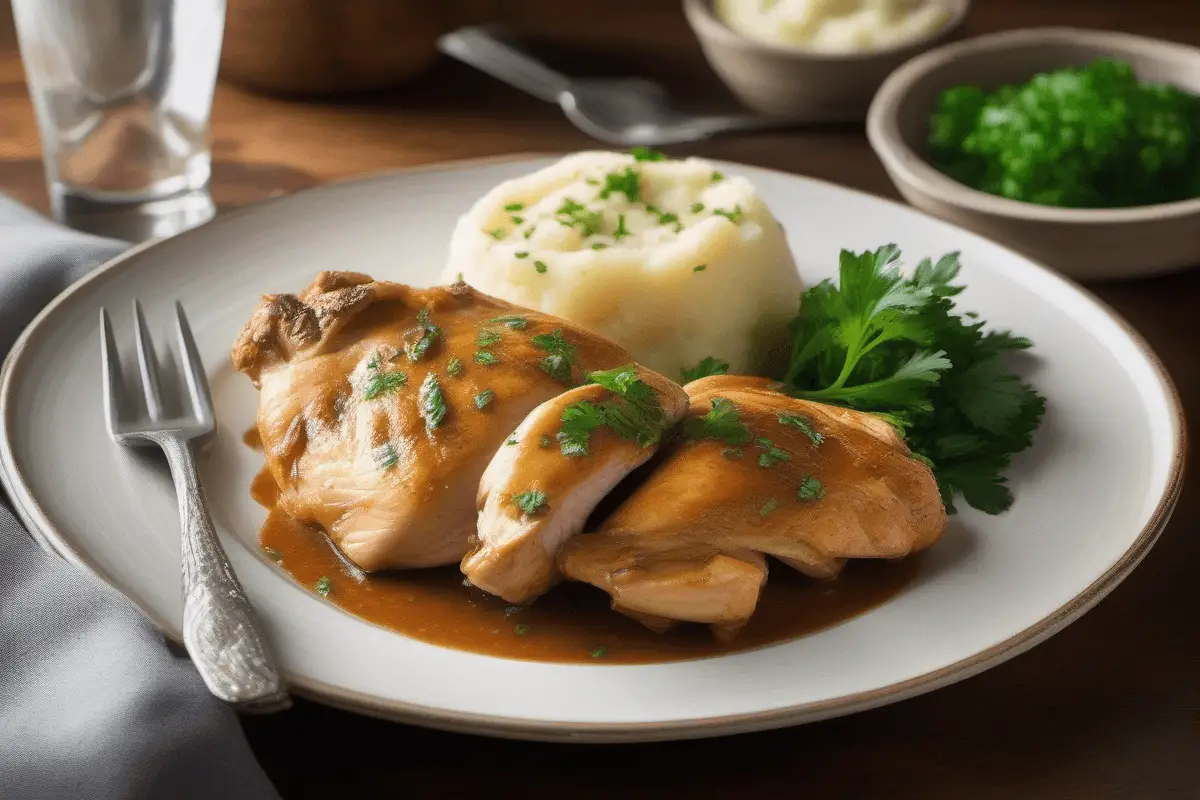 Mississippi chicken served on a plate with mashed potatoes, pepperoncini peppers, and fresh parsley garnish.