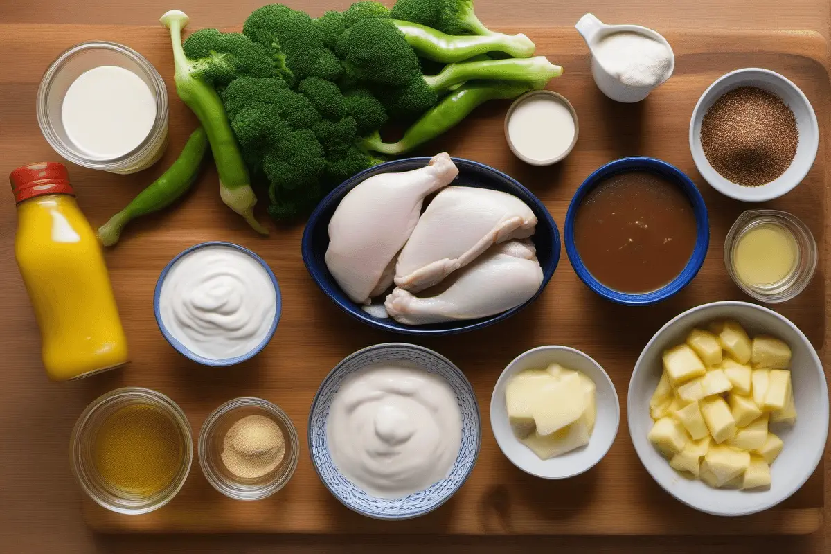 Flat lay of ingredients used for Mississippi chicken, including chicken breasts, ranch seasoning, au jus mix, butter, and pepperoncini peppers.
