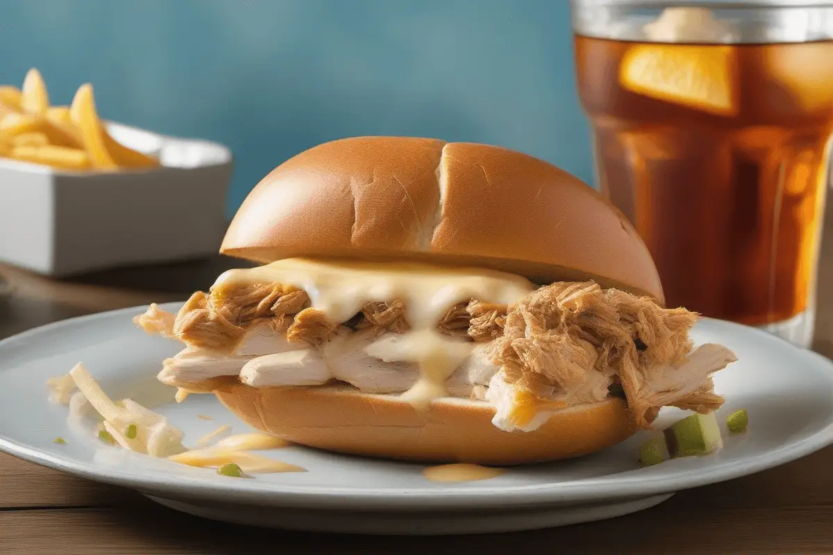 Shredded chicken sandwich with melted cheese and a side of iced tea.