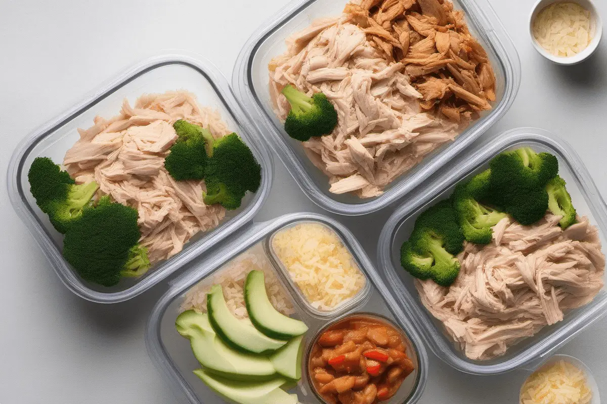 Prepared containers of chicken, rice, and vegetables for weekly meal prep.