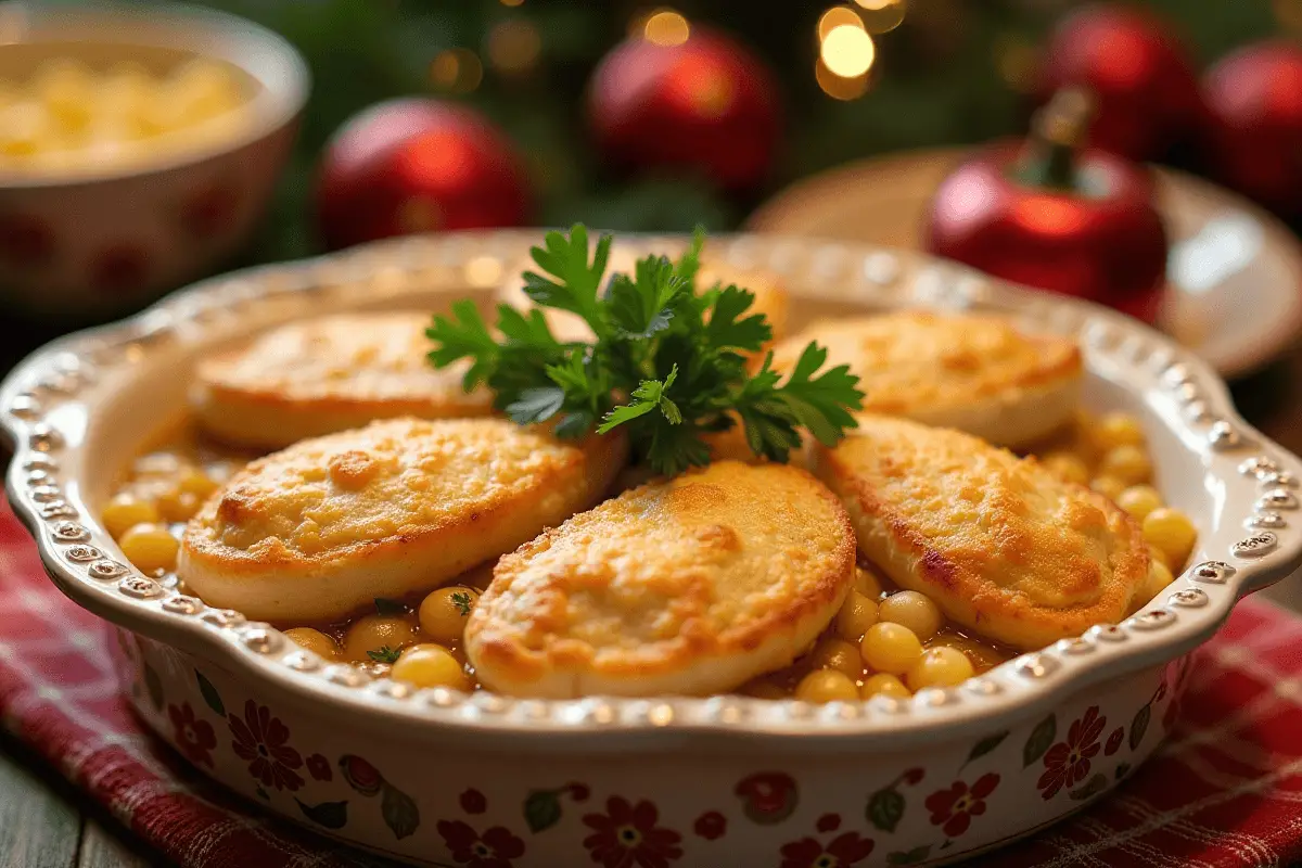 A golden brown chicken dressing served in a casserole dish with parsley garnish.