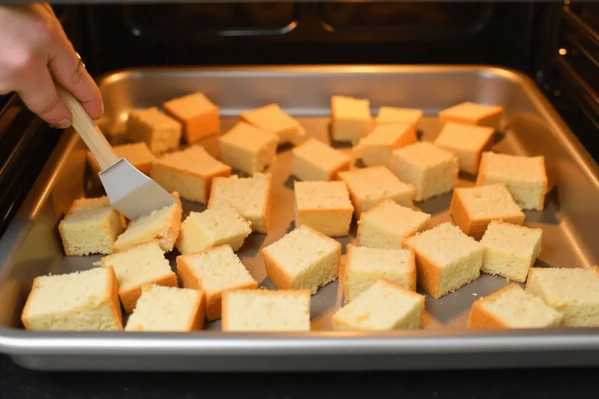 Bread cubes being toasted on a baking sheet for chicken dressing.