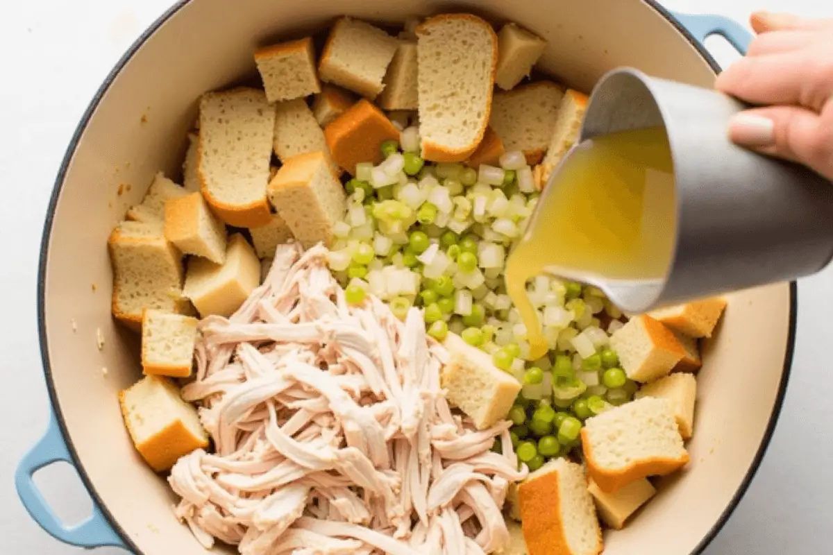 Bread cubes, chicken, and vegetables being mixed with broth in a bowl.