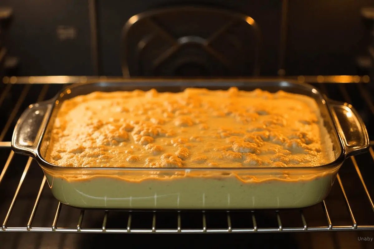 Chicken dressing in a casserole dish being baked in the oven.