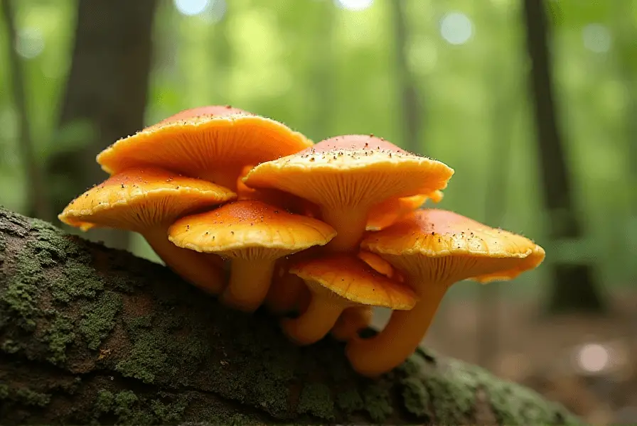 A cluster of bright orange and yellow Chicken of the Woods recipe mushrooms growing on a tree trunk.