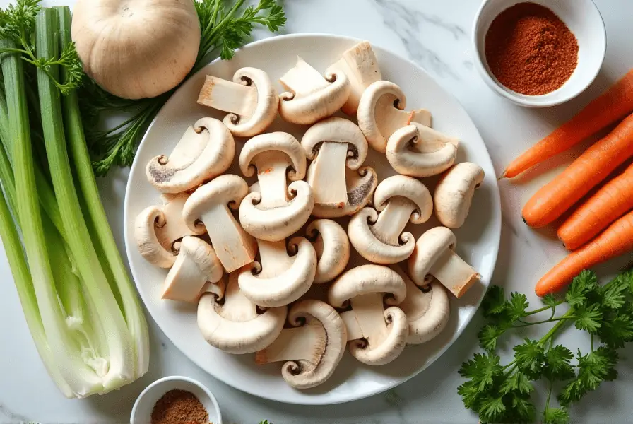 Sliced Chicken of the Woods mushrooms with fresh vegetables and spices on a kitchen counter.