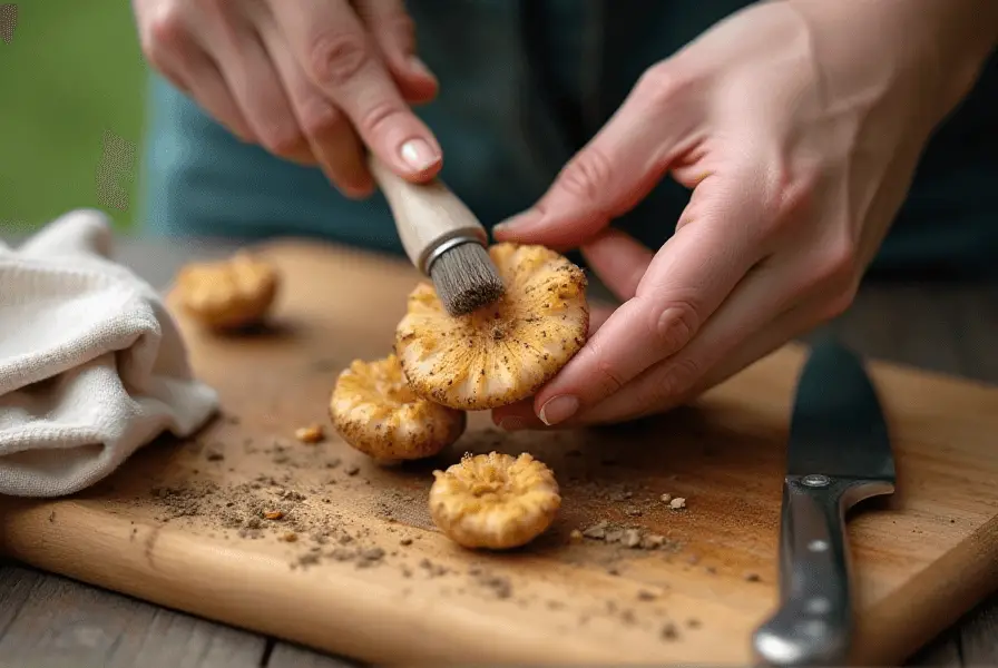 Chicken of the Woods mushrooms being cleaned with a brush on a wooden cutting board.
