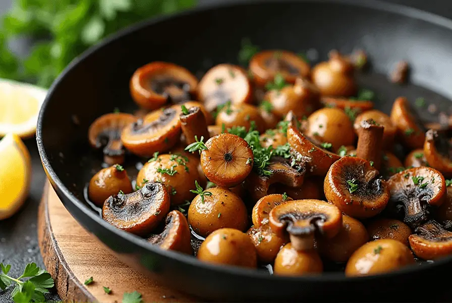 Golden-brown Chicken of the Woods mushrooms cooking in a pan with garlic and thyme.