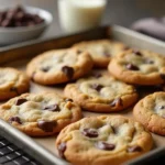 A tray of freshly baked Nestle chocolate chip cookies with a bowl of chocolate chips and a glass of milk