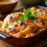 Golden-brown chicken and dressing casserole with cranberry sauce and gravy on a wooden table