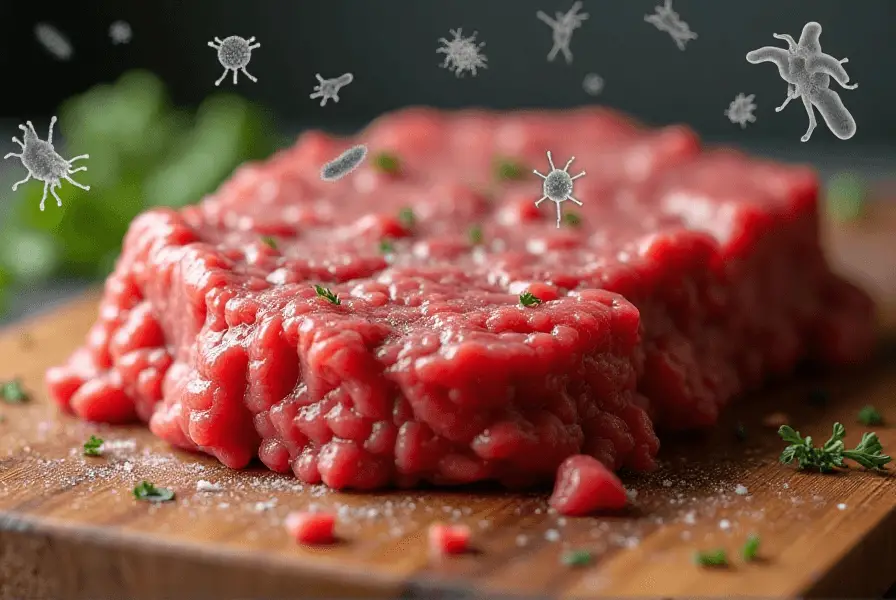 Raw ground beef with visible bacteria illustration