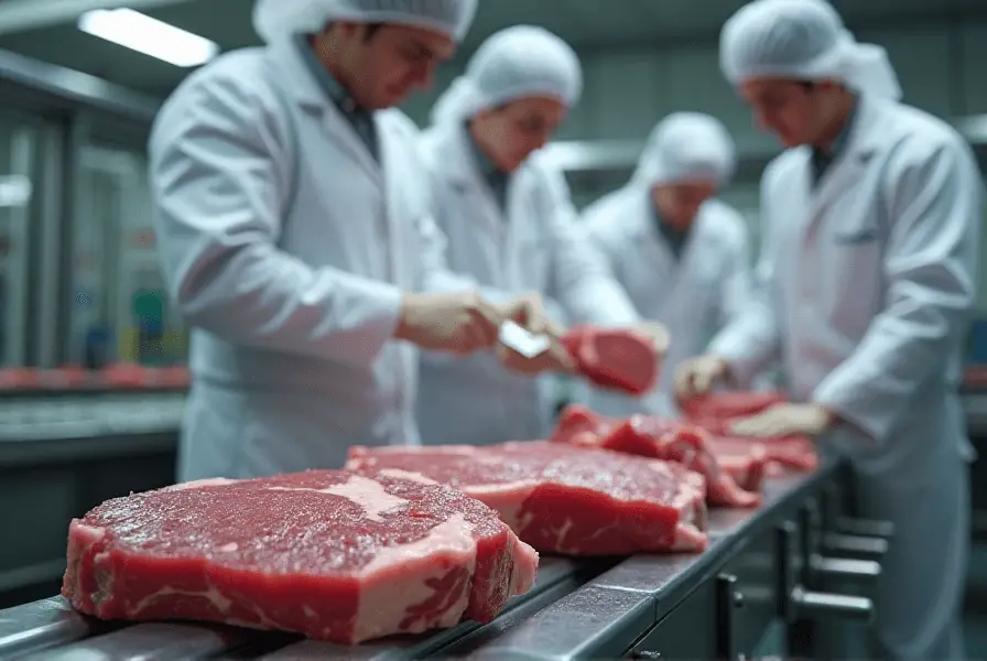Workers inspecting beef for safety in a factory.
