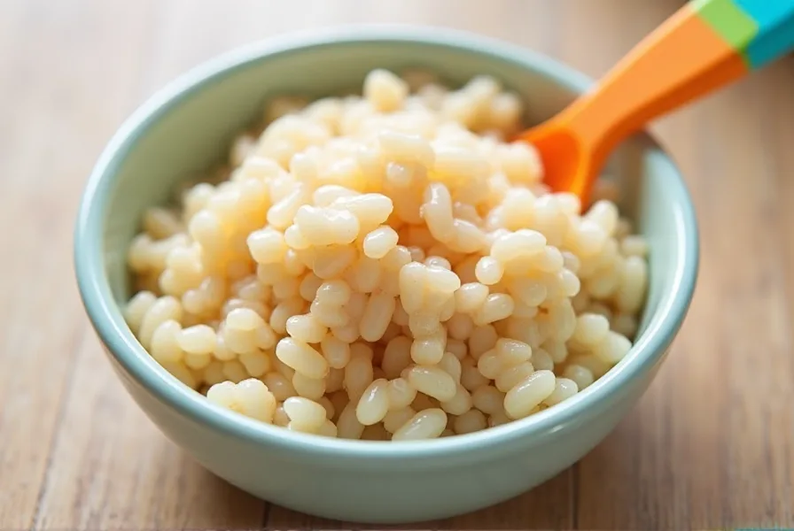 Cooked brown rice in a baby bowl with a baby spoon