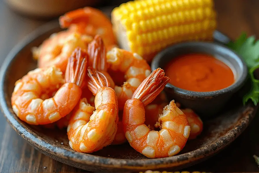 Cajun shrimp basket with shrimp, corn, and spicy sauce.