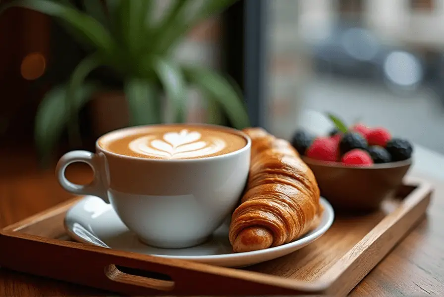 Caramel macchiato served with a croissant and fresh berries