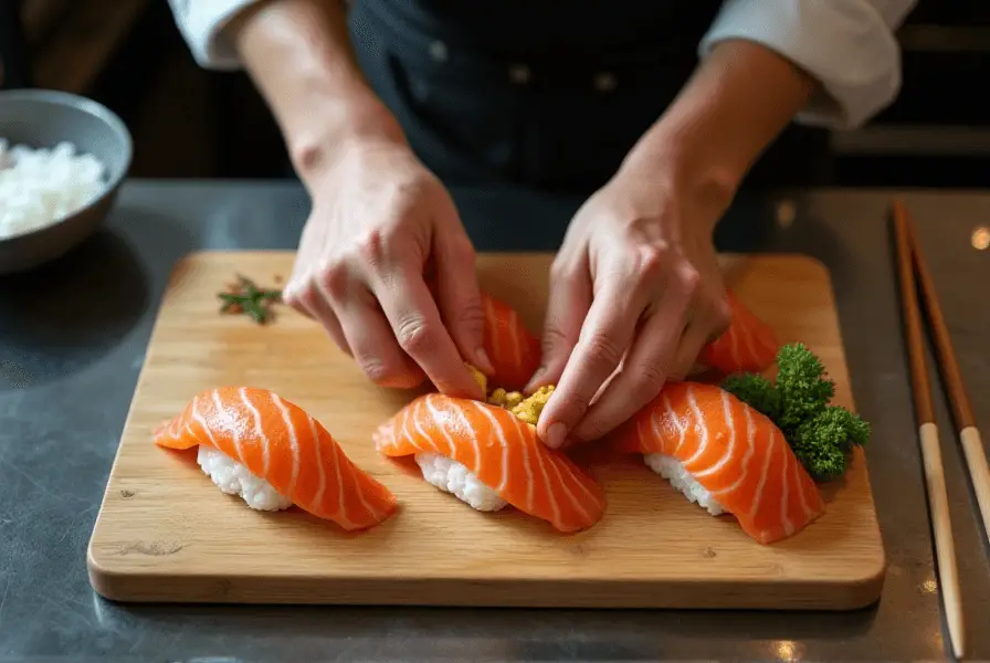 Chef preparing salmon sashimi slices