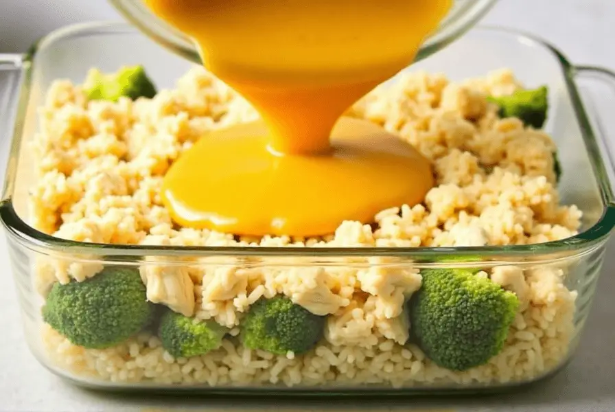 Layering ingredients for chicken broccoli rice casserole in a glass baking dish.