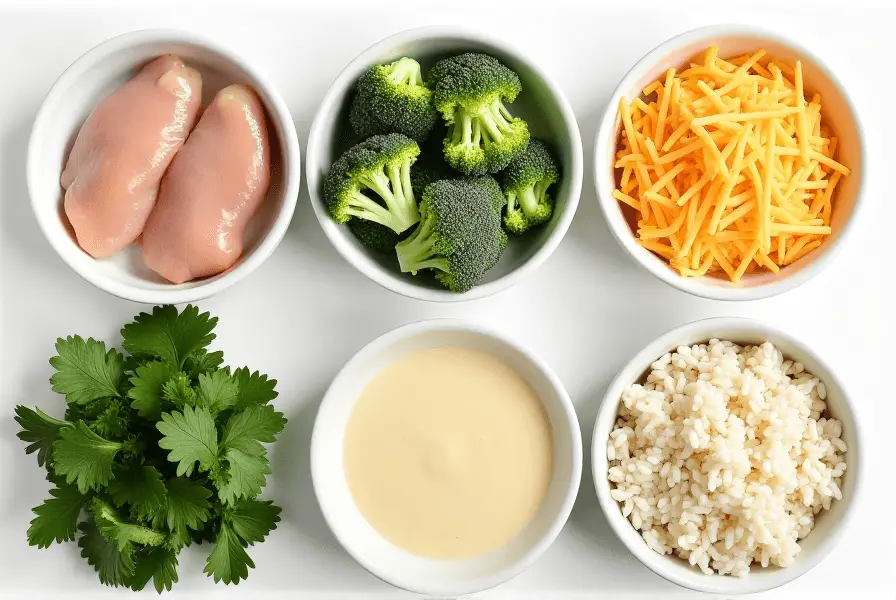 Fresh ingredients ready for making a hearty chicken broccoli rice casserole.