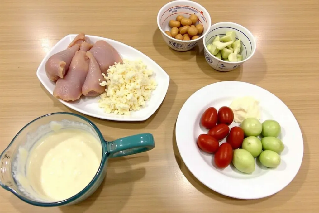 Ingredients for chicken pot pie in popovers on a countertop