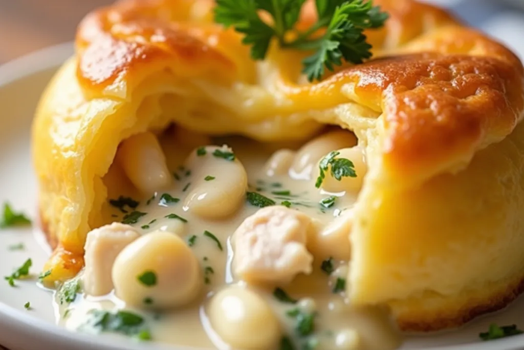 A split popover filled with creamy chicken pot pie filling