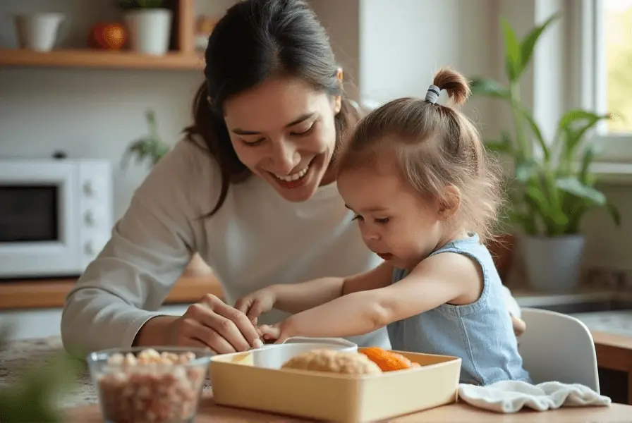 Parent and toddler collaboratively packing a healthy lunchbox.