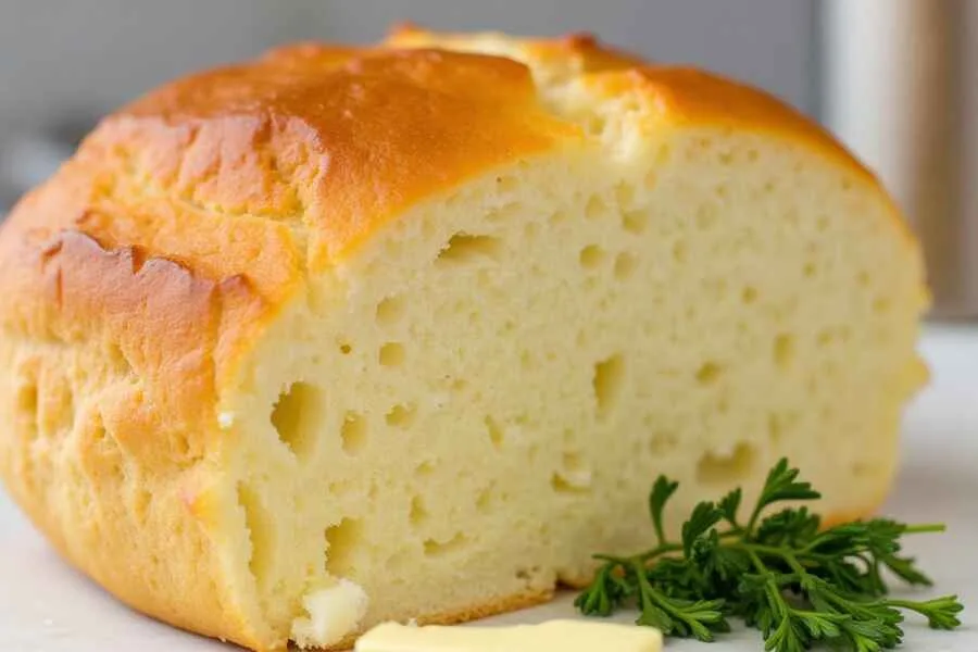 Freshly baked cottage cheese loaf sliced on a wooden board with butter and herbs
