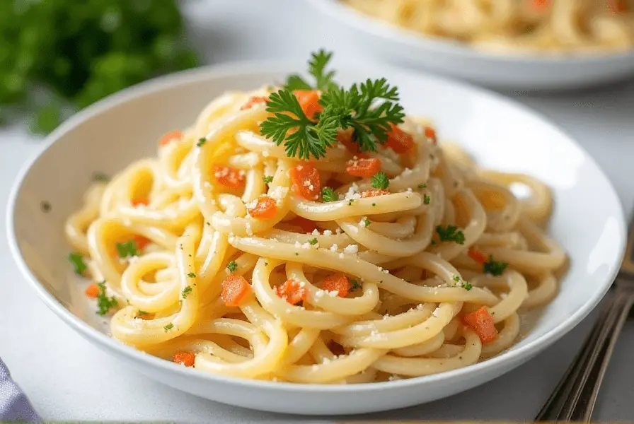 Creamy tobiko pasta garnished with parsley and tobiko in a white bowl