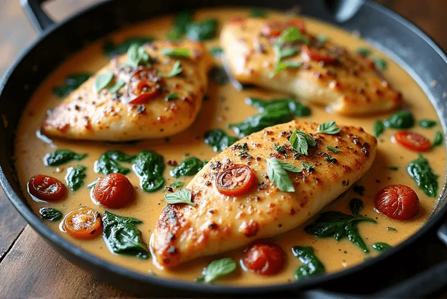 Creamy Tuscan chicken with sun-dried tomatoes and spinach in a skillet.