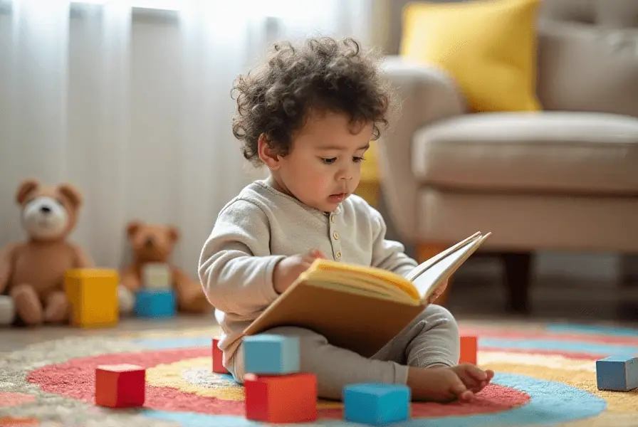 Curious What Age Is a Toddler? holding a book on a rug with toys around.