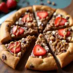 Decorated chocolate chip pizza cookie with caramel drizzle, nuts, and strawberries sliced into wedges