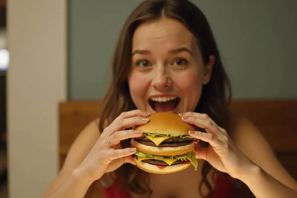 A happy customer enjoying a Double Big Mac