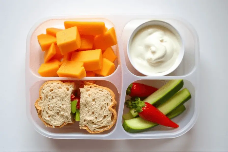 Easy toddler lunch box with healthy foods for a 1-year-old.