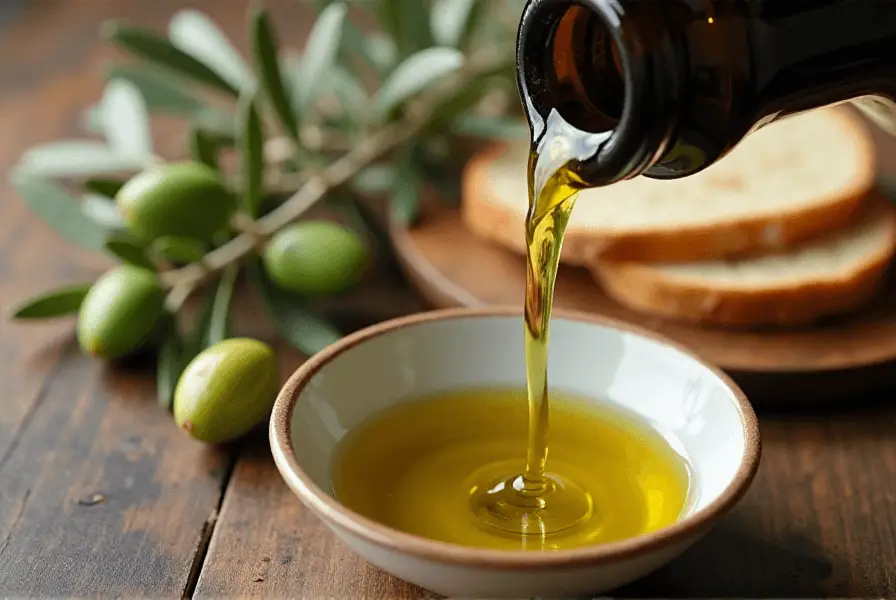 Extra virgin olive oil being poured with bread.