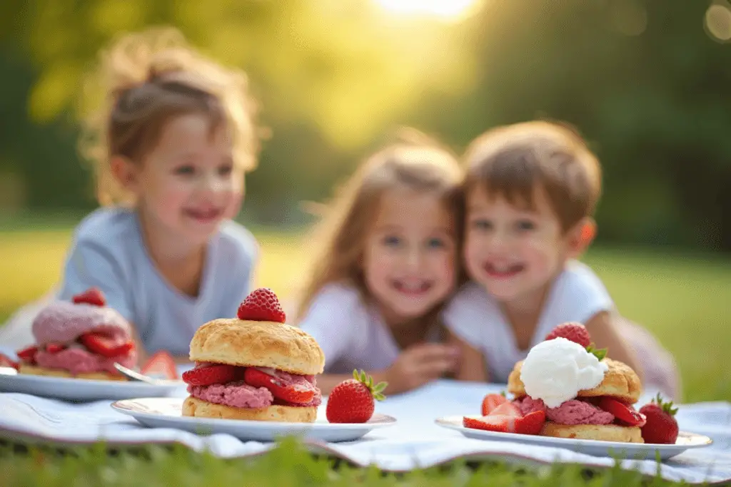 Family enjoying strawberry shortcake ice cream