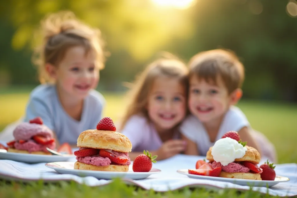 Family enjoying strawberry shortcake ice cream