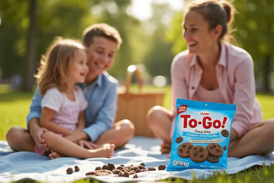 Family enjoying Hy-Vee To-Go Cookies & Cream Mix during a picnic in a park.