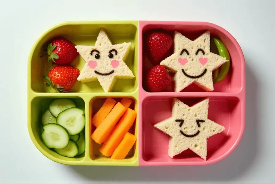 Colorful bento box with star-shaped sandwiches, fruits, and veggies for toddlers.