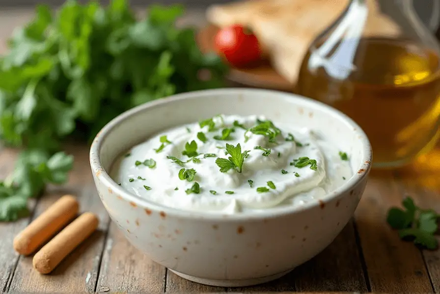 Homemade Greek tzatziki in a kitchen setting.