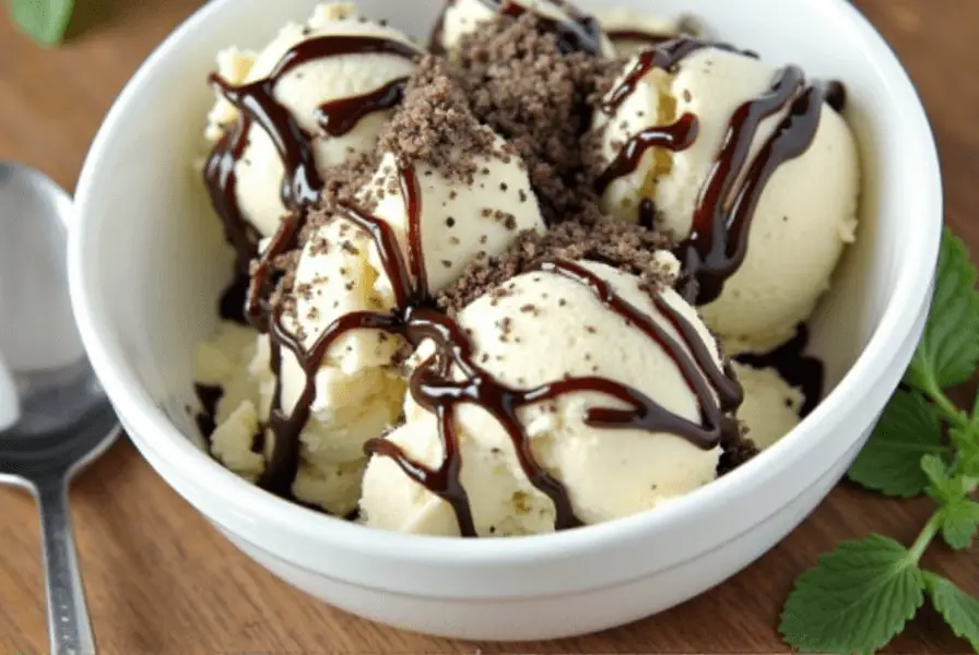 Hy-Vee To-Go Cookies & Cream Mix used as a topping on vanilla ice cream.
