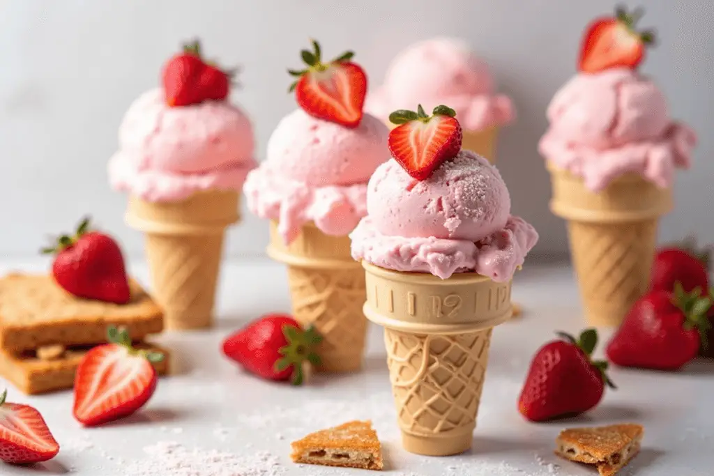 Strawberry shortcake ice cream in cones