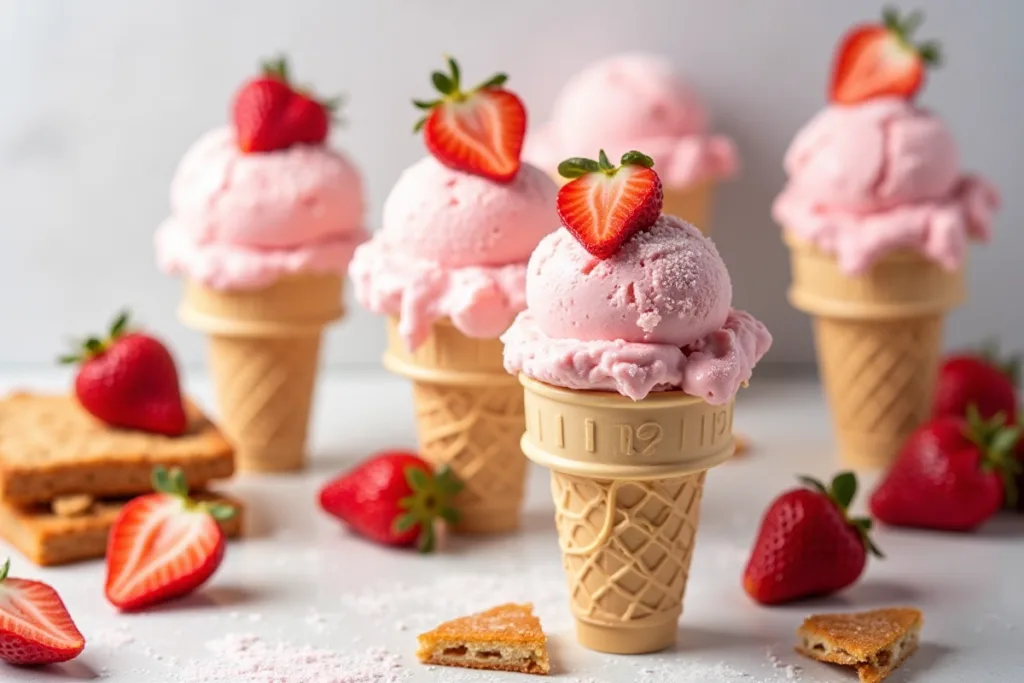 Strawberry shortcake ice cream in cones