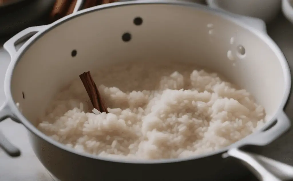 Ingredients for arroz con leche including rice, milk, and cinnamon.