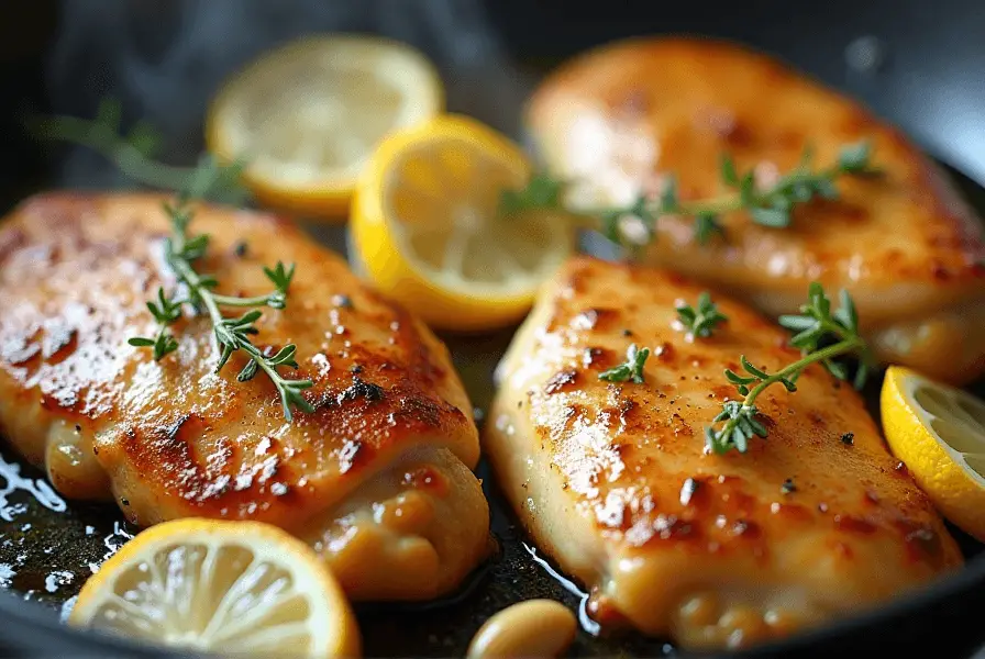 Golden-browThin Chicken Breast Recipes: 10 Easy and Delicious Meals with lemon and garlic in a skillet