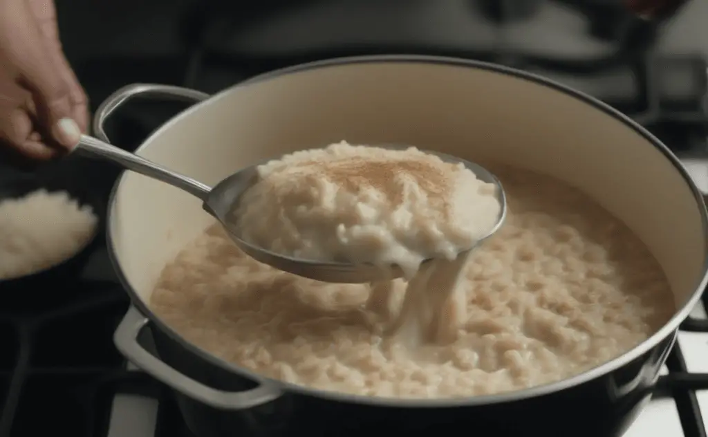 Stirring a pot of arroz con leche on the stove.