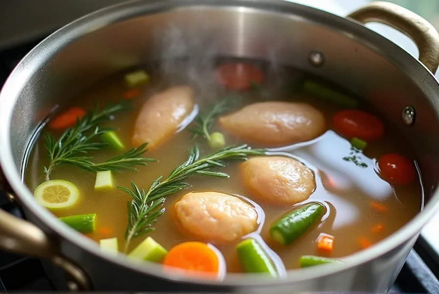 Homemade chicken bouillon in a pot with vegetables