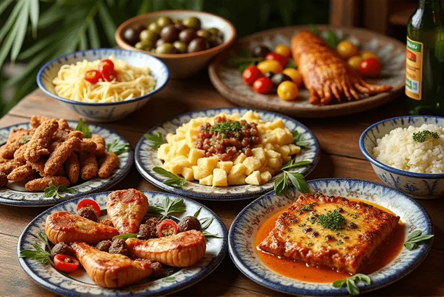 A variety of Mediterranean Island International Foods dishes on a rustic table.
